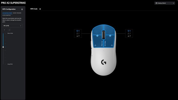 G HUB's HITS configuration screen gives players full control over actuation points, rapid trigger levels, and haptic intensity, with settings saved directly to the mouse's onboard memory.