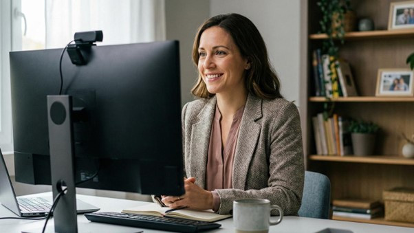 Good natural light and a decent webcam go a long way. For remote workers, a tight field of view keeps the focus on you and your background largely out of the picture.