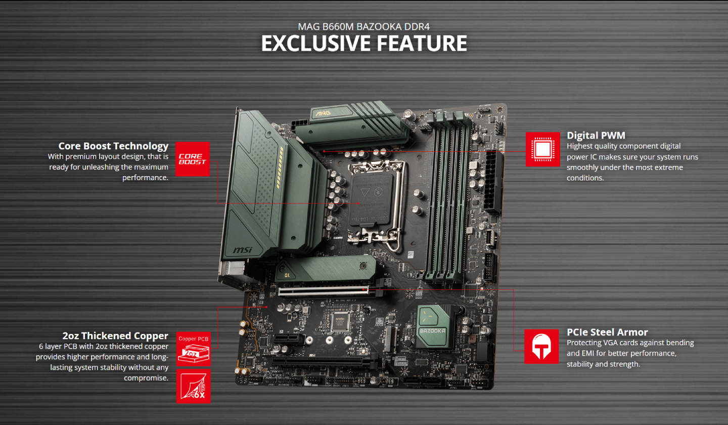 Buy the MSI MAG B660M BAZOOKA DDR4 MATX Motherboard For Intel 12th Gen