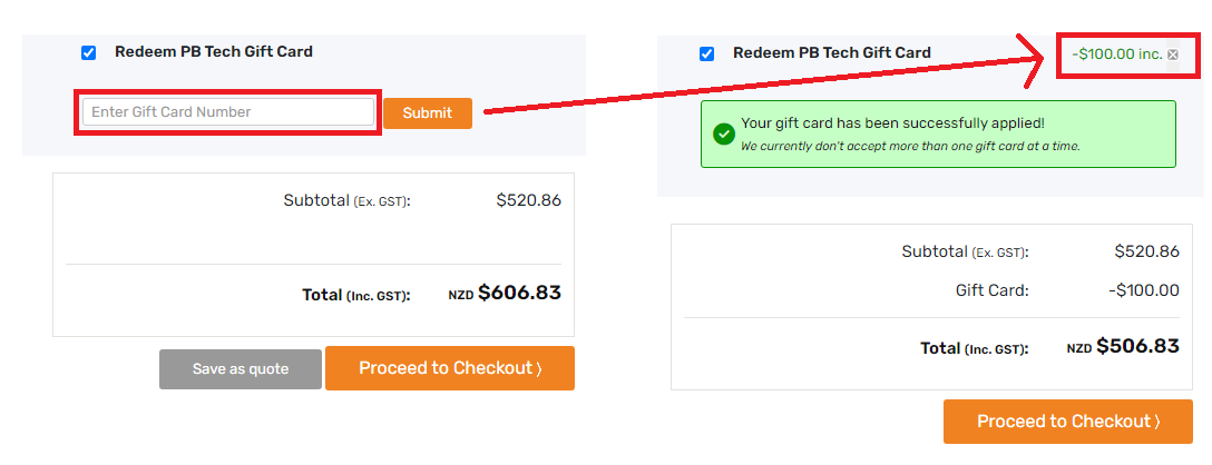 Screenshot of PB Tech eGift Card Balance Check in Cart 