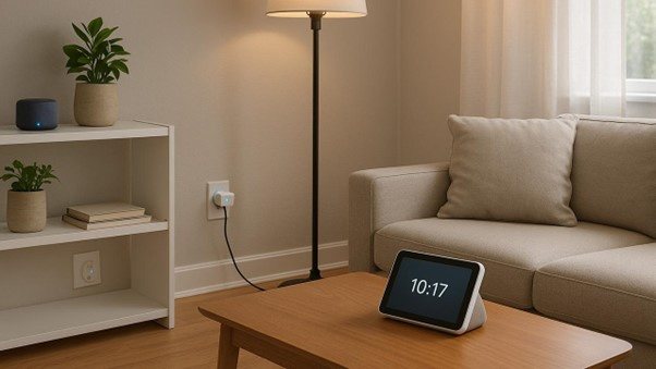 A modern living room with a smart plug, a lamp, a smart speaker and tablet nearby, all working together as part of a Matter-compatible smart home setup.