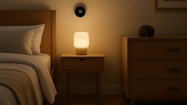 A bedroom setup with a Matter-enabled smart lamp on a bedside table, a wall-mounted smart thermostat, and a smart speaker, all connected in a unified ecosystem.