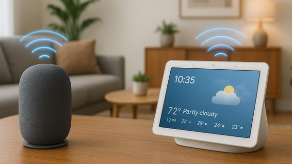 A smart display and speaker communicating wirelessly in a living room, highlighting the seamless connectivity enabled by Matter in everyday smart home use.
