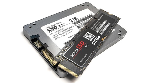 Side-by-side comparison: A SATA SSD (back) and a faster NVMe SSD (front). Both store data, but NVMe drives offer much higher speeds for demanding tasks.