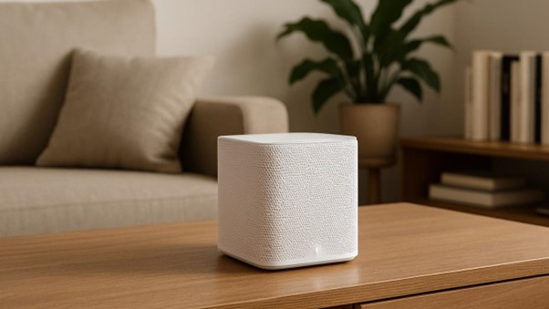 Mesh nodes are designed to blend into home decor, often placed in open spaces like lounges for optimal coverage.