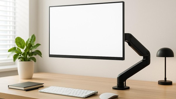 A monitor arm lifts your screen off the desk, freeing up a significant amount of workspace underneath for a cleaner, more organised setup.