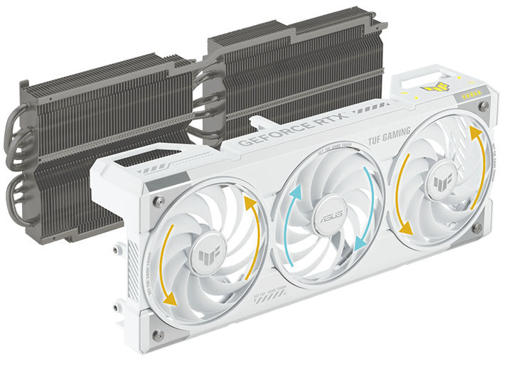 Graphics card fans with arrows indicating different directions of spin