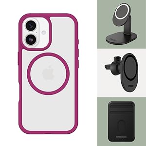 Product showcase of phone case accessories including a pink-bordered protective case and black mounting components shown from various angles.