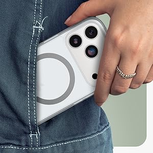 Sequential images demonstrating interaction with a white electronic device being attached or inserted into denim pocket or waistband.