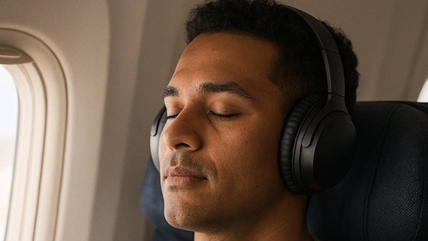 Noise-cancelling over-ear headphones are a frequent flyer’s best friend — blocking out engine hum and chatter for a peaceful journey.