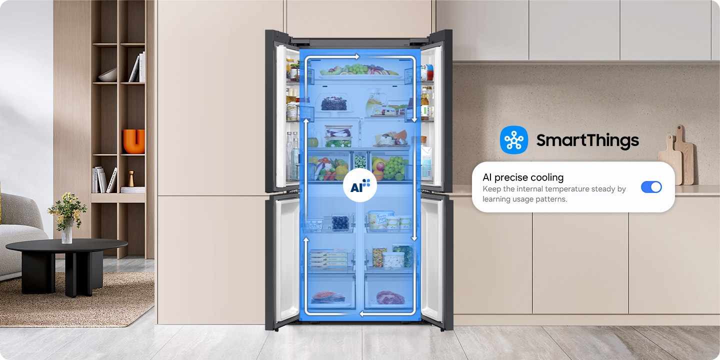 A Samsung refrigerator with all four doors open is filled with food and drinks. A blue translucent box surrounded by clockwise arrows indicating cooling with an AI logo in the middle covers the interior. Next to it is a close-up of the SmartThings AI precise cooling option toggled on with the text Keep the internal temperature steady by learning usage patterns.