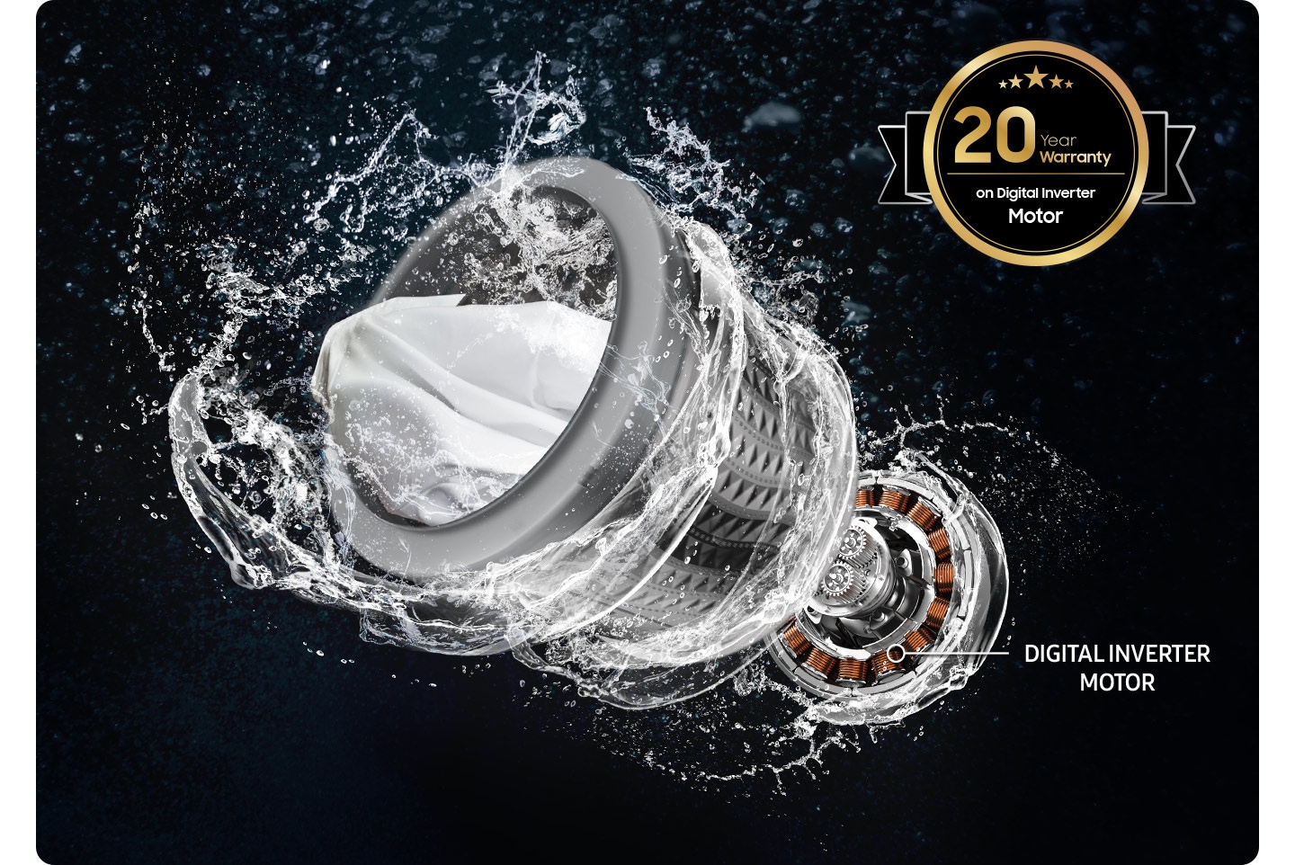 Digital Inverter Motor, drum and water stream spins fast. WA4000C's warranty is 20 year.