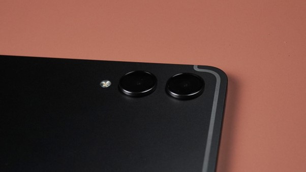 A close-up shot of the dual rear cameras, which are