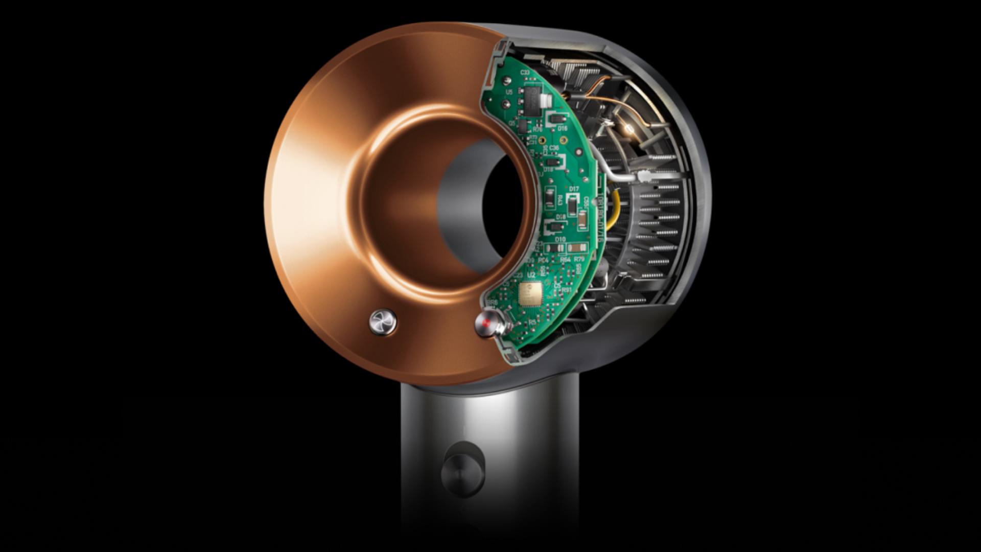 A cutaway of the Dyson Supersonic hair dryer's aperture with Intelligent heat control technology revealed.