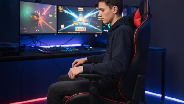A gamer sitting upright with proper posture, supported by the chair’s ergonomic lumbar section during a long gaming session