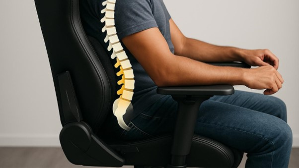 Demonstration of how lumbar support keeps the spine’s natural curve intact, reducing lower-back strain during extended sitting.