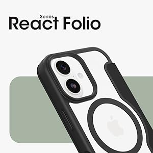 Text reads 'React Folio'. Black protective phone case with dual camera cutout and ring holder attachment shown against light green background.