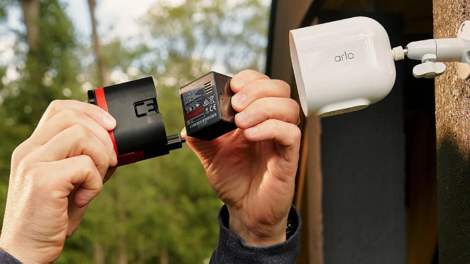 Picture of Arlo camera with swappable battery.