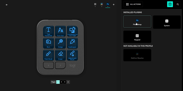 In apps like Photoshop the MX Creative Console auto loads brush, dodge, burn and other app specific tools straight onto the keypad