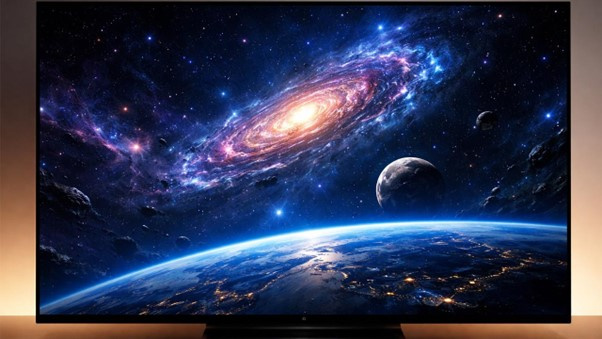 OLED displays can turn individual pixels completely off, producing perfect blacks and extremely high contrast, which is especially noticeable in dark scenes like space imagery.