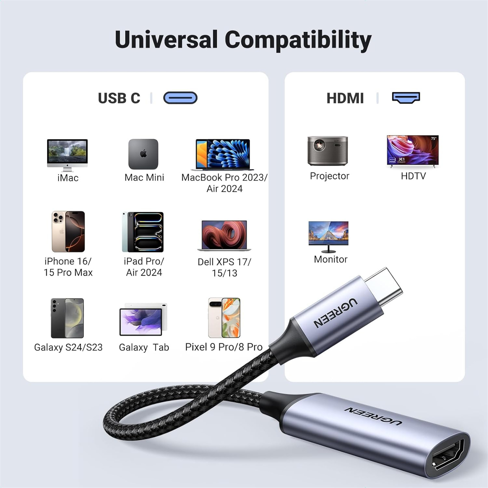 UGREEN 70444 USB-C to HDMI Adapter Cable 4K60Hz Aluminum Type C Thunderbolt 4/3 Converter Male to Female Compatible with iPhone 16/15 Pro Max Plus, iPad Mini Air, MacBook Pro, Galaxy S24Ultra, iMac XPS 17