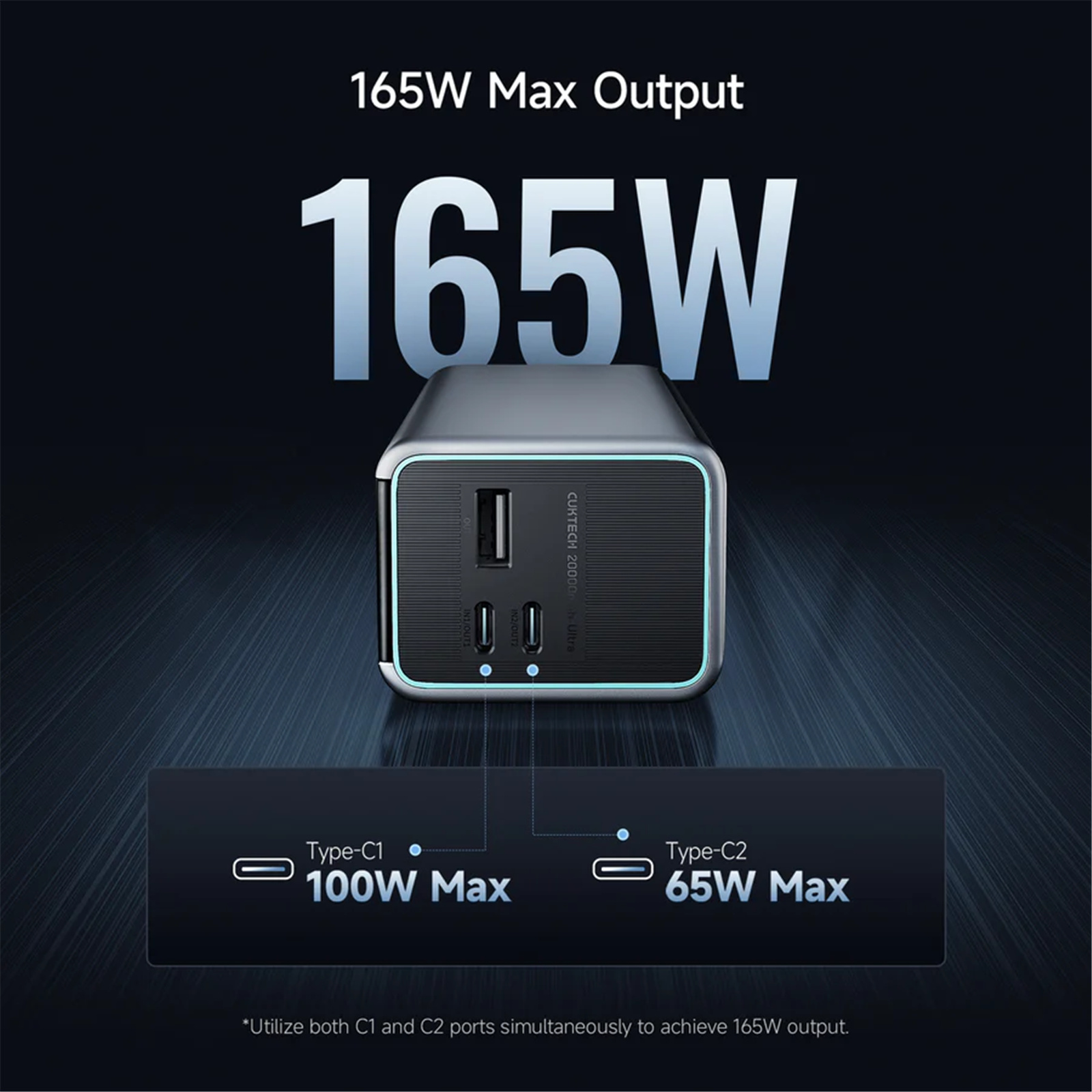CUKTECH No.15 Ultra 20000mAh Fast Charging Power Bank -Black- Max 165W Output - Up to 140W Single Port Laptop Fast Charging - 1.3" Smart Display - 3x Outputs (2x USB-C & USB-A) - Supports Xiaomi HyperCharge / Apple & Samsung Fast Charging