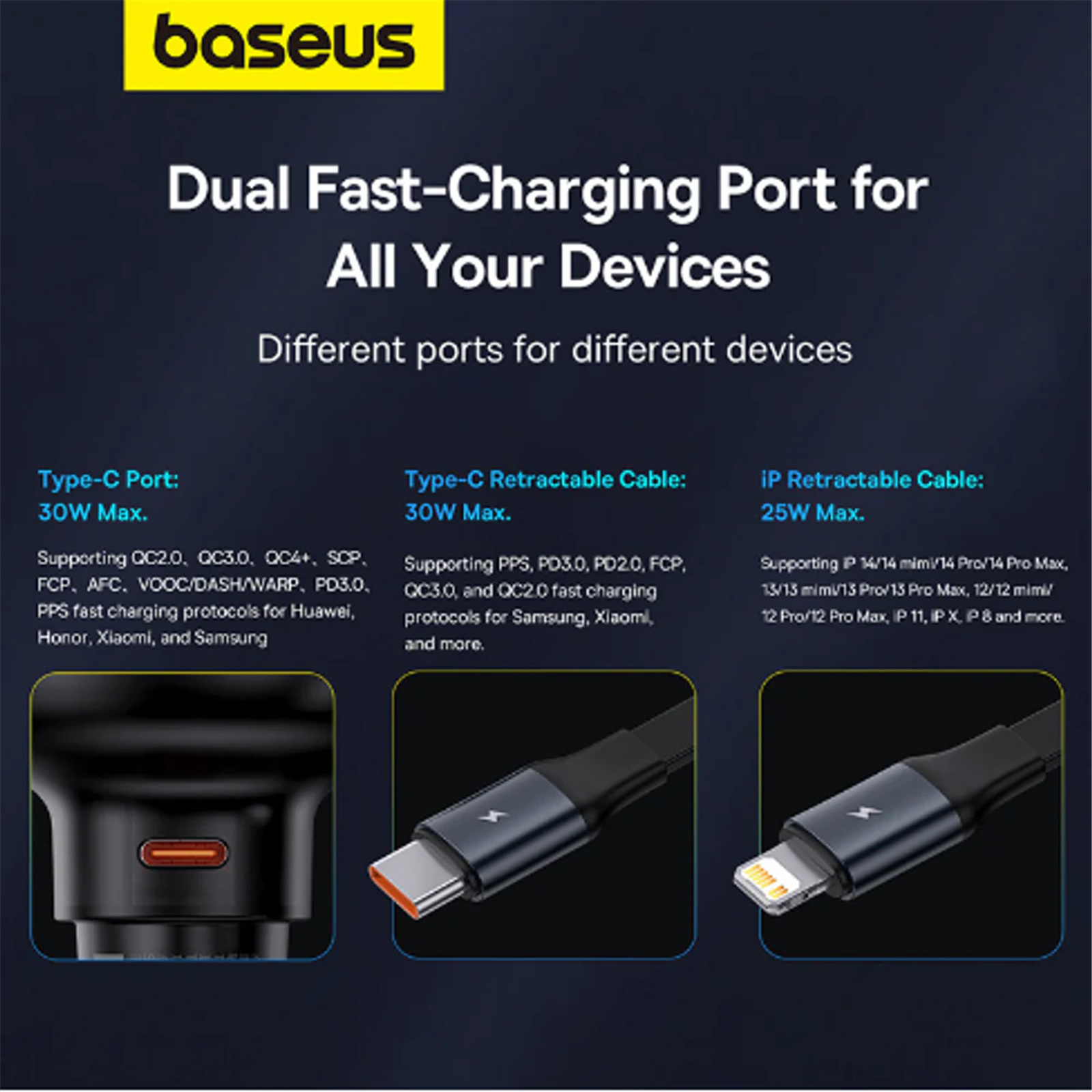 Baseus Enjoyment Pro Car Charger with Bulit in Retractable 60W Type-C Cable - Cluster Black
