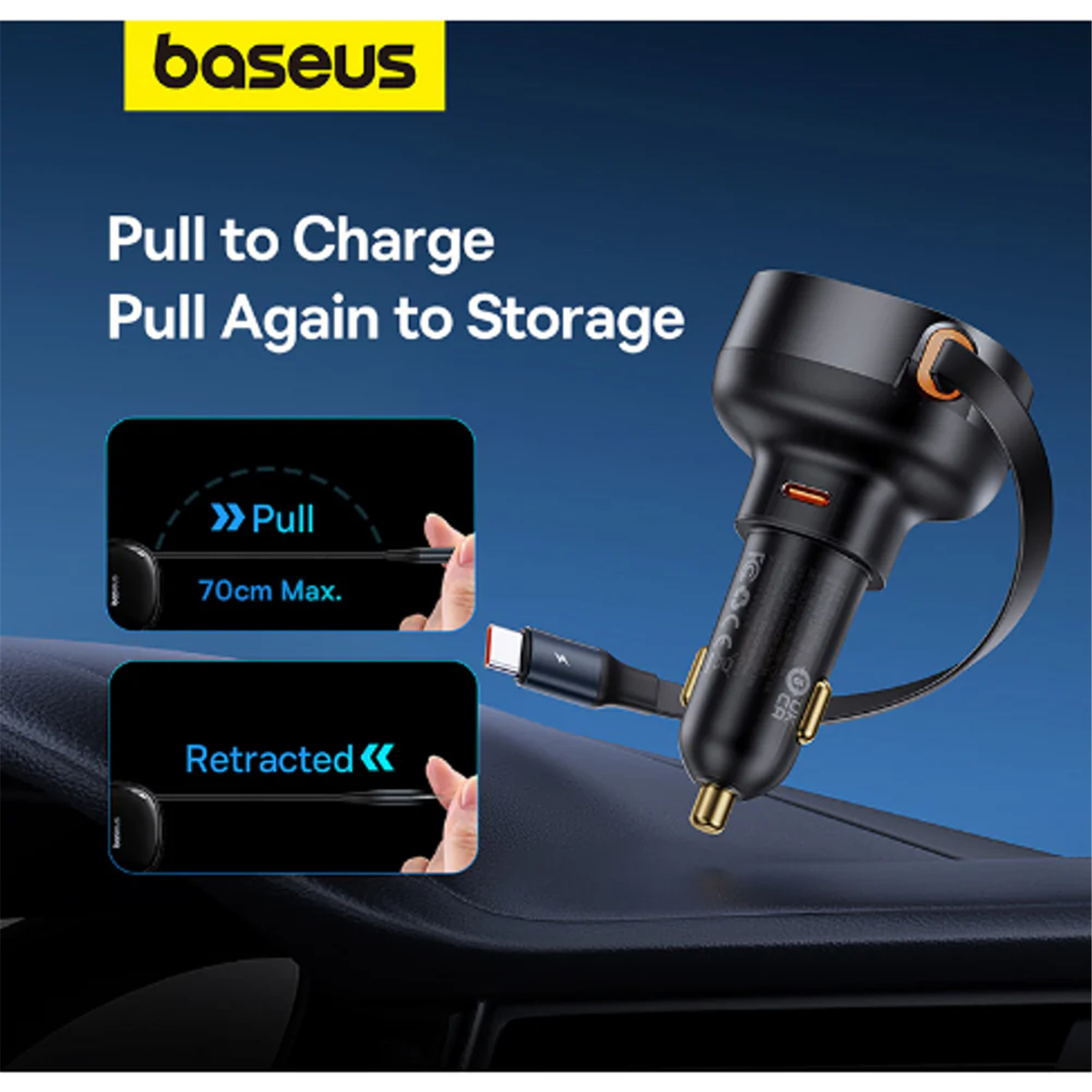 Baseus Enjoyment Pro Car Charger with Bulit in Retractable 60W Type-C Cable - Cluster Black