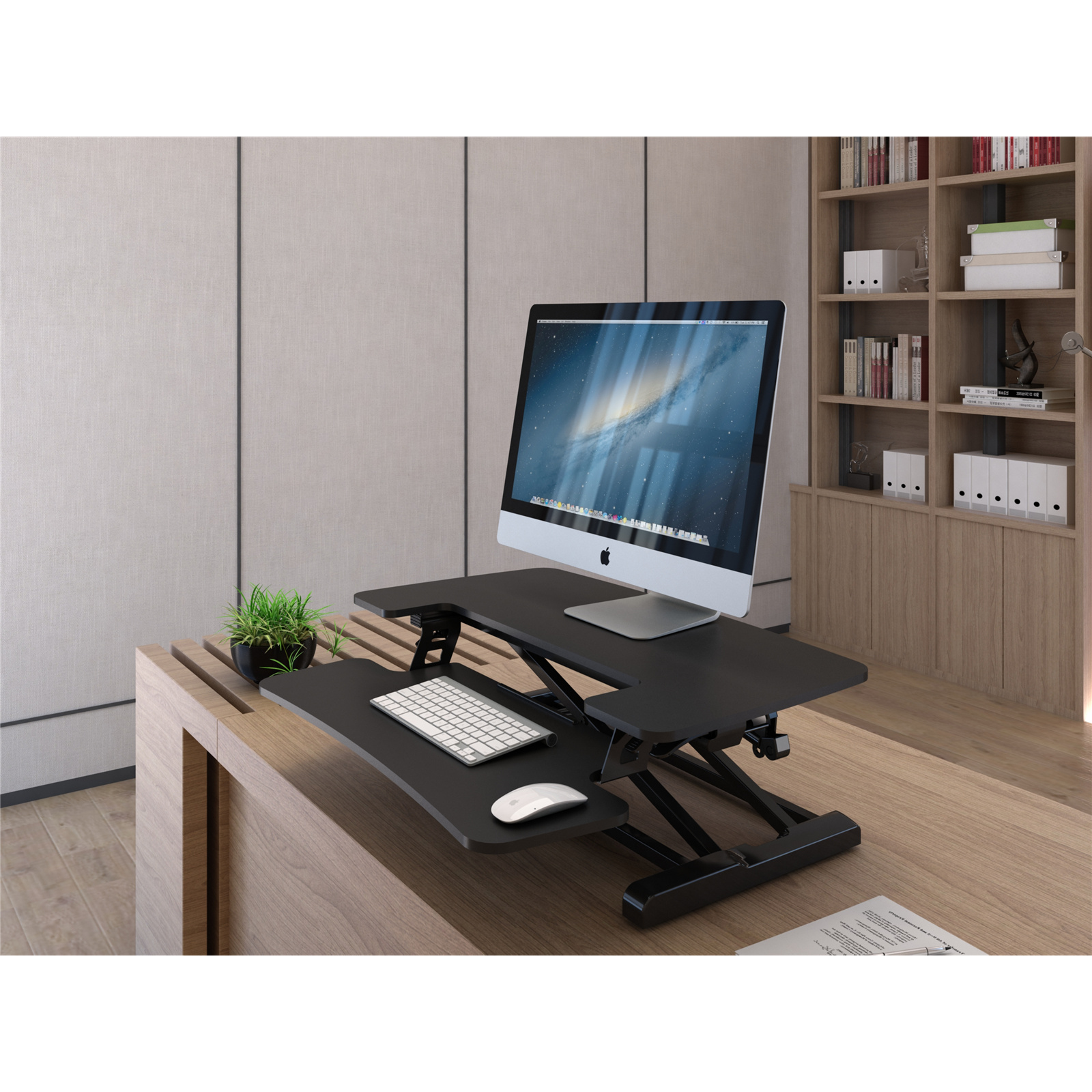 Loctek Eco Ergonomic With Ergonomics Standing Anti-Fatigue Mat Deskalator Workstation, - Work Surface 880x415mm, Removable Keyboard Tray Size 880x308mm, Height Adjustable 120-500mm, Stroke 380mm, Load Capacity 15kg, Black