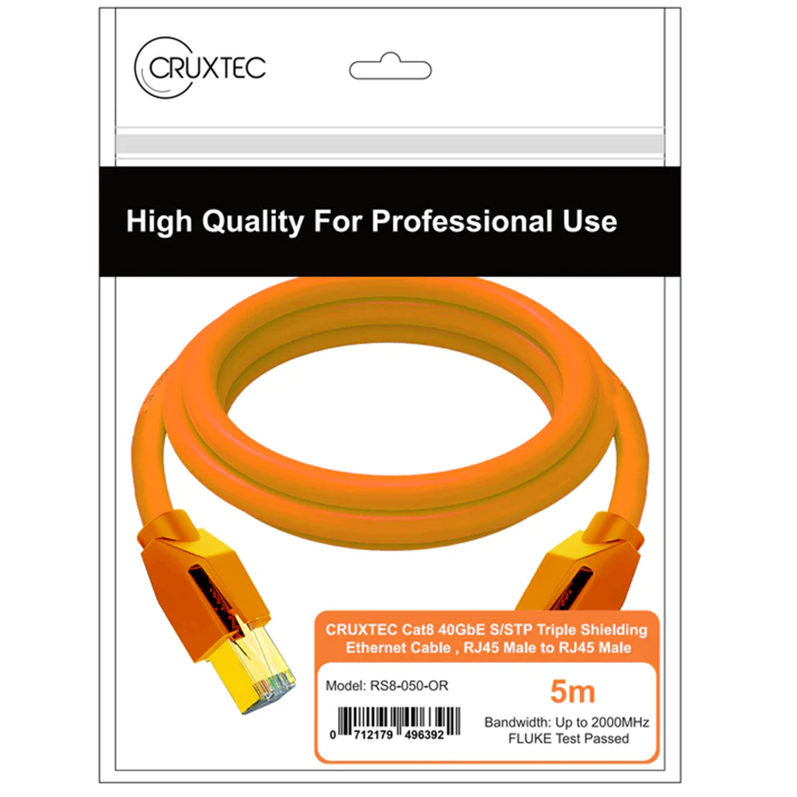 Cruxtec Cat8 Ethernet Cable - 5m - Orange 40Gb / SFTP Triple Shielding