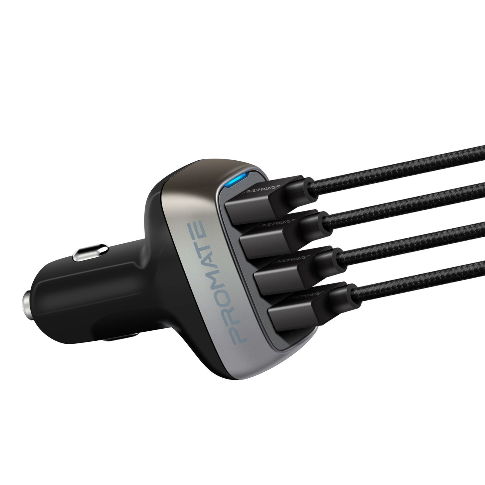 Promate SCUD-48.BLK 48W Car Charger with 9.6A   Super-Speed Output. 4 Dedicated 2.4AUSD-APorts.Charge 4 Devices at the Same Time. Safe Voltage Regulation. Protection Against Over Heating. Colour Black.