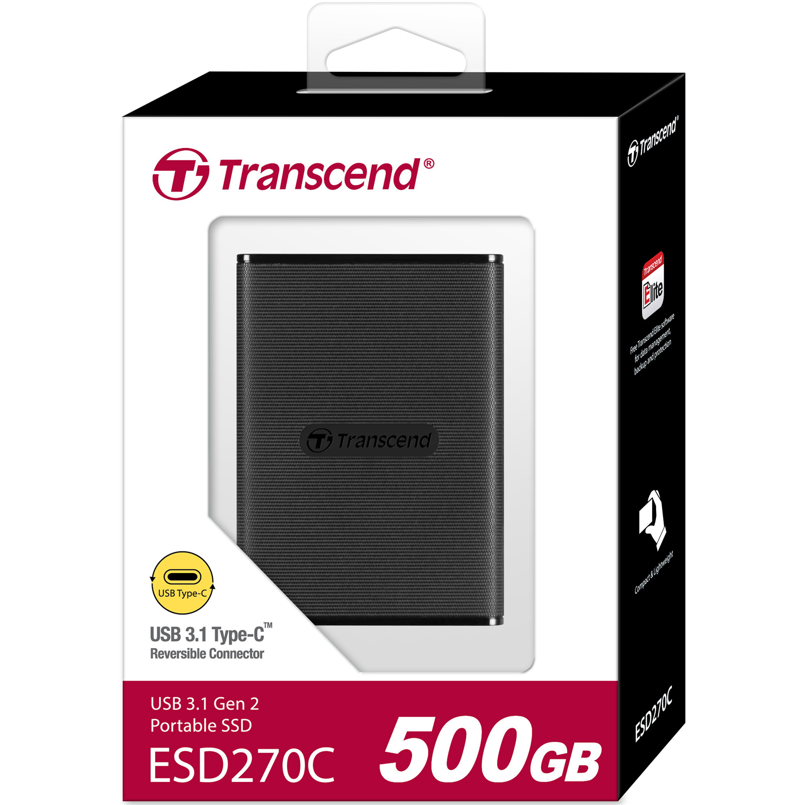 Transcend ESD270C 500GB USB-C Portable External SSD - Black