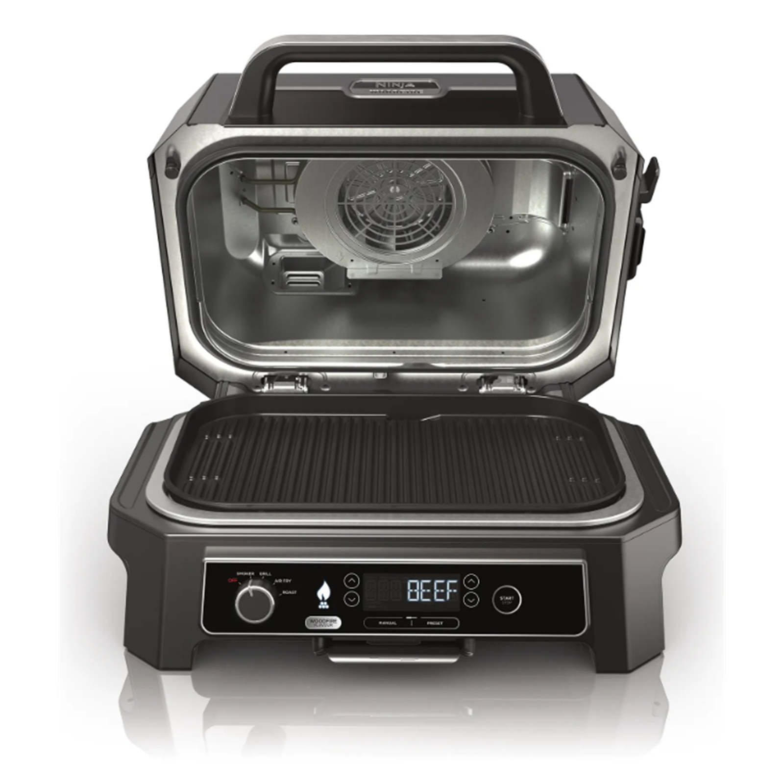 Ninja OG850 Woodfire pro XL Outdoor Electric BBQ Grill & Smoker with smart Probe, Master Grill, BBQ Smoker, & Air Fryer with 100% real authentic woodfire flavour. 4-in-1 Functionality, 30% More Capacity