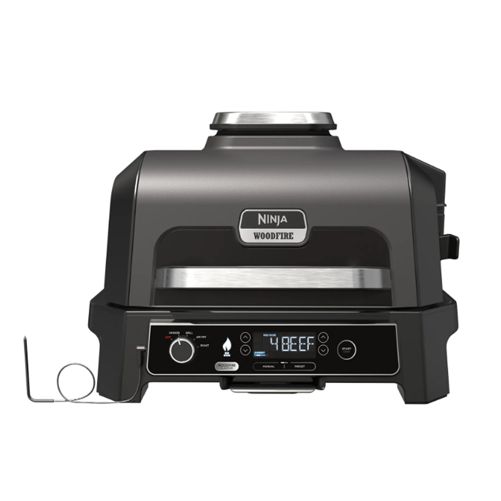 Ninja OG850 Woodfire pro XL Outdoor Electric BBQ Grill & Smoker with smart Probe, Master Grill, BBQ Smoker, & Air Fryer with 100% real authentic woodfire flavour. 4-in-1 Functionality, 30% More Capacity