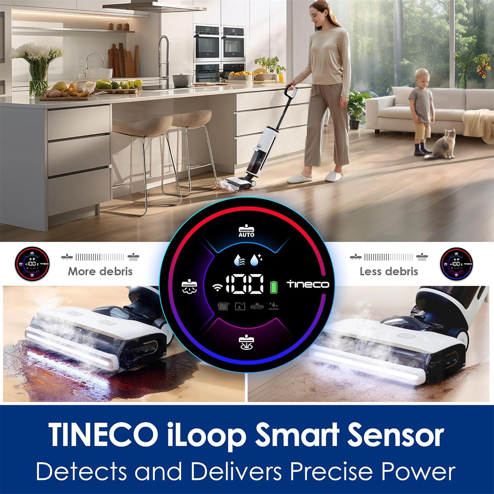 Tineco Floor One S7 Steam 3 in 1 Vacuum, Mop and Steam 140° C Steam Melts away grease and stains, Continuous Clean brush washing with MHCBS Technology, Multi Step self cleaning system, Dual Sided edge cleaning - 2 Years Warranty