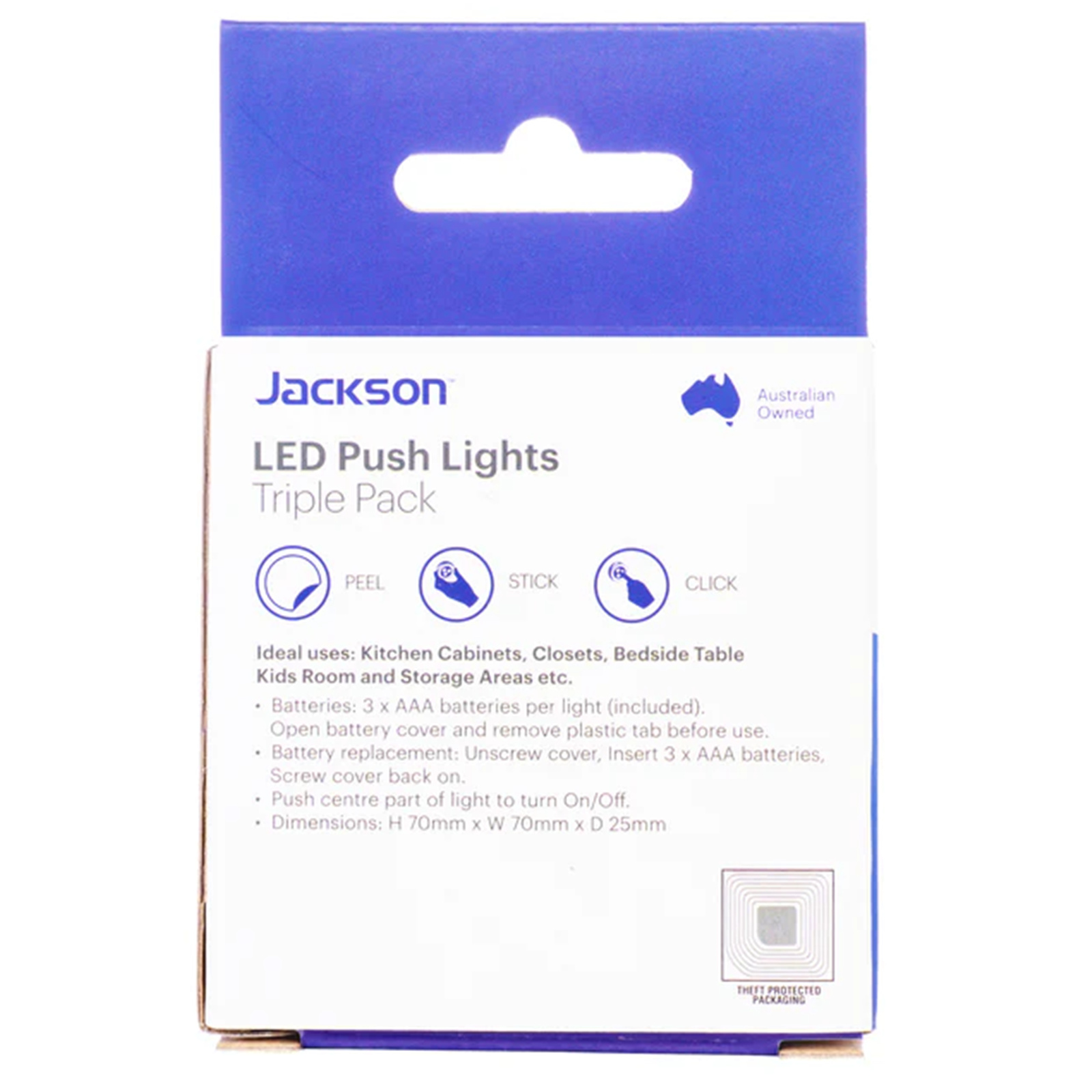 Jackson PTPLIT3L  Triple Pack LED Push Light. 3 x AAA Batteries per Light (Included).IncludesPeelandStick Backing.