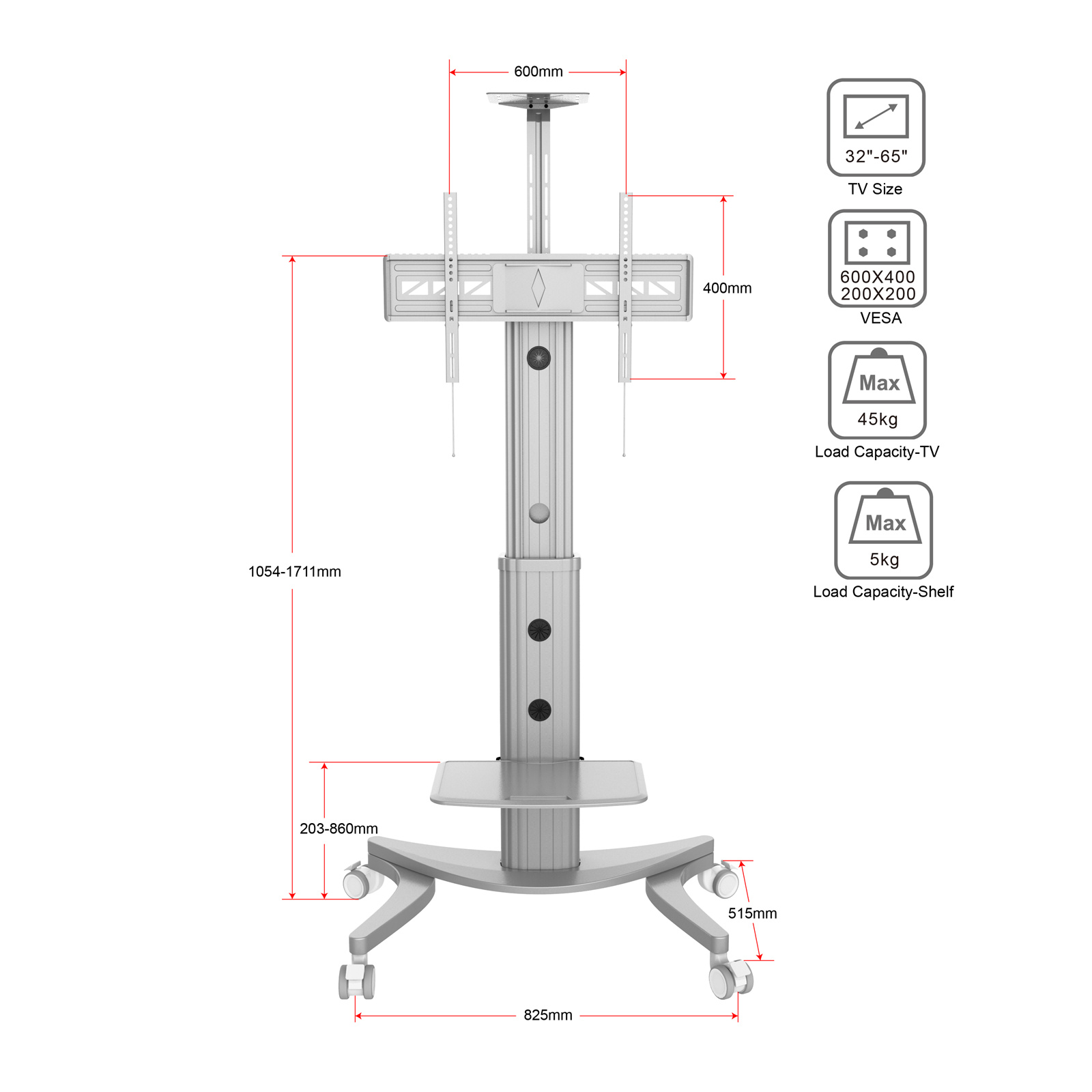 Buy the Loctek Premium TV Cart, 32"70" Mobile Trolley, Silver Max