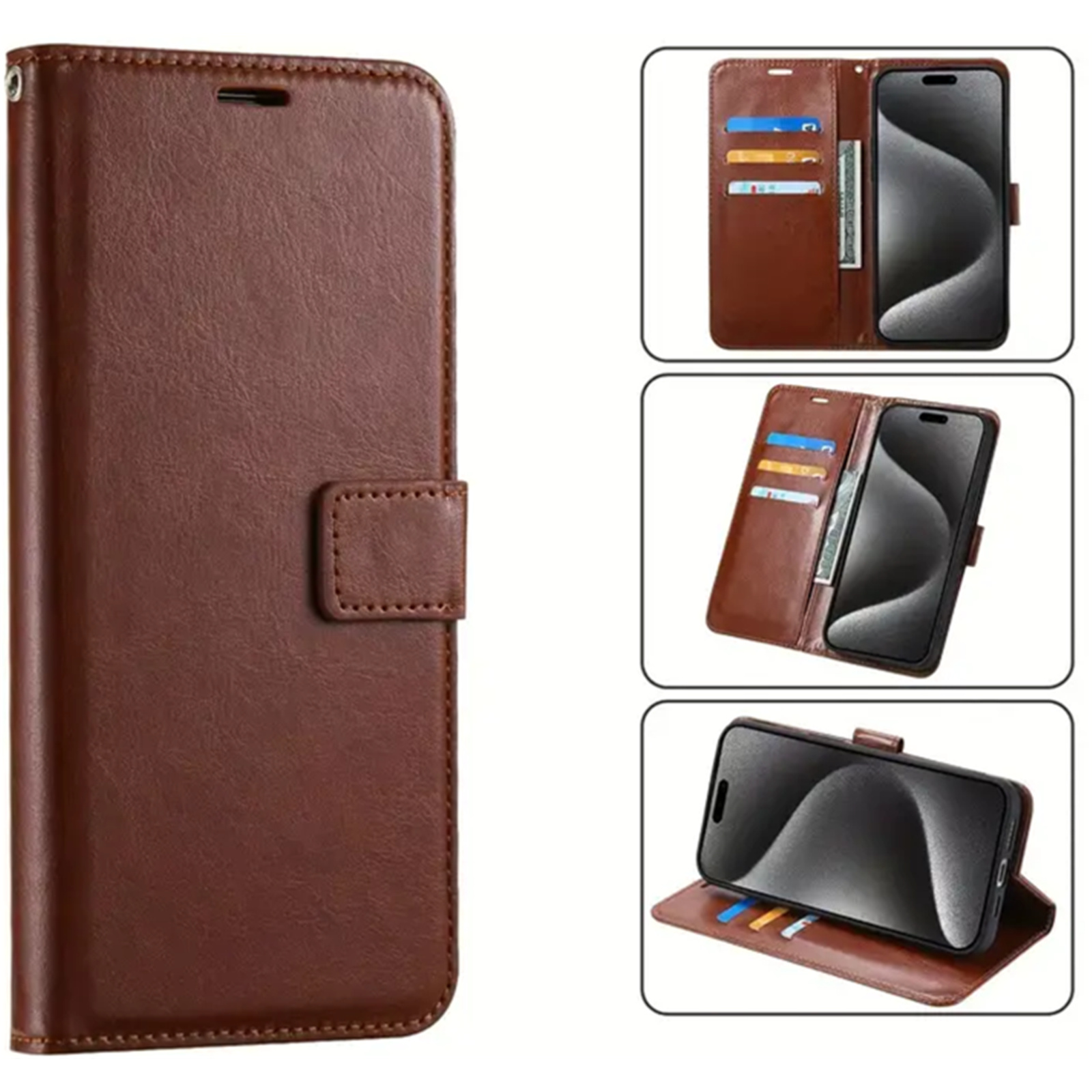 Galaxy S24 Ultra (2024) Flip Wallet Case - Brown 3 Card Slots - Cash Compartment - Magnetic Clip