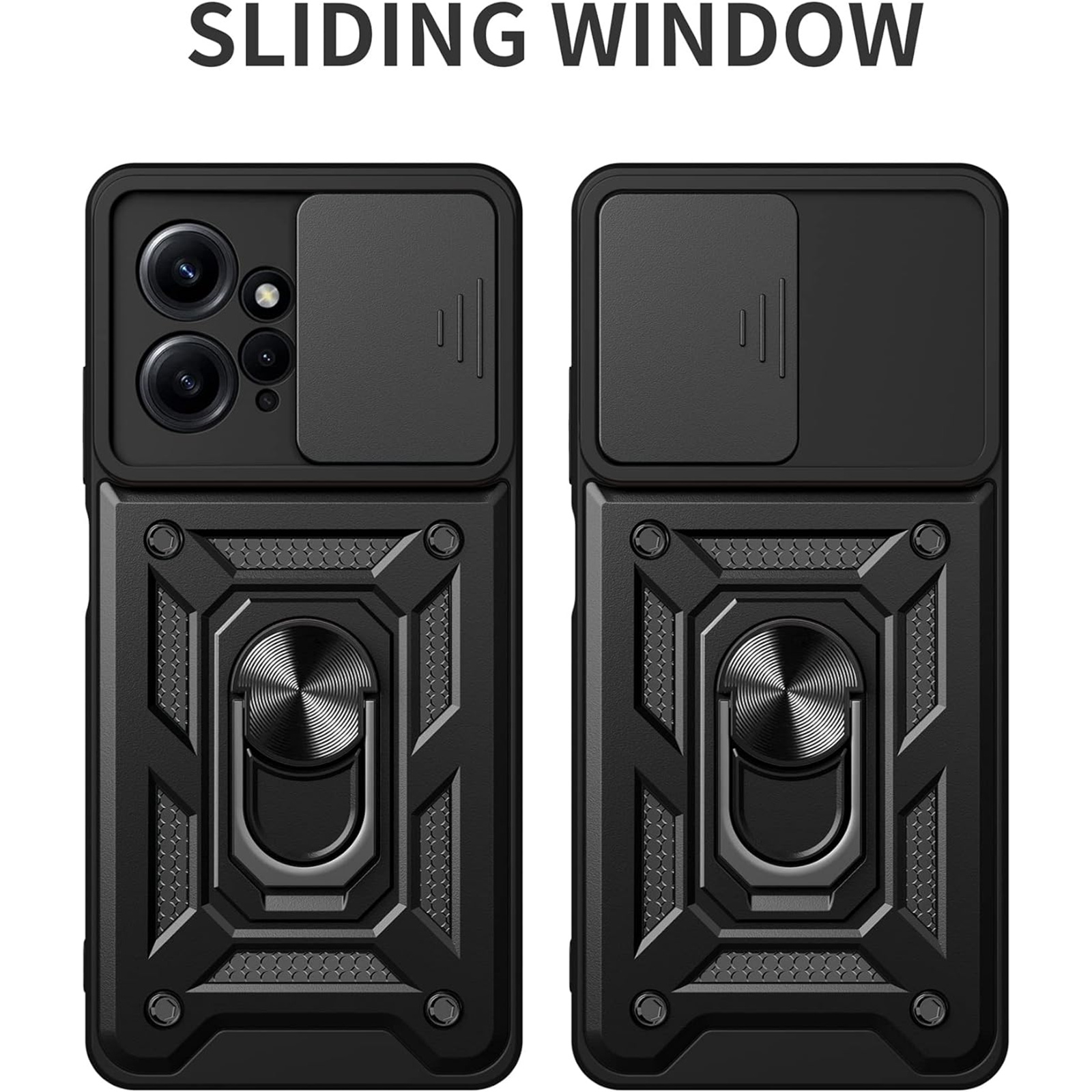 Xiaomi Redmi 12 LTE Rugged Kickstand Case - Black with Camera Cover Protection