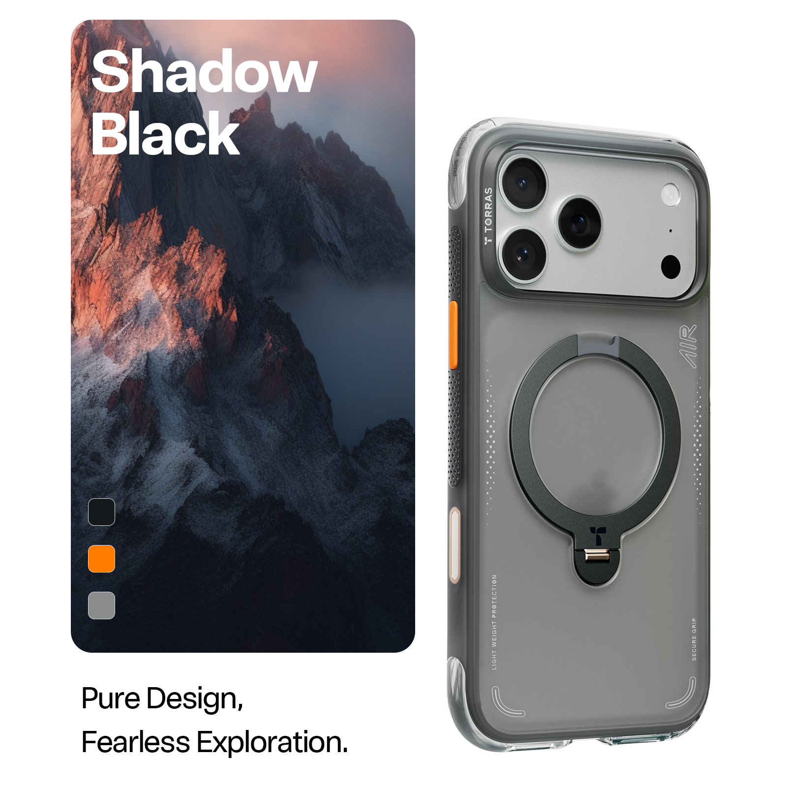 Torras iPhone 17 Pro Max (6.9") 2025 Ostand Spin Air Case - Black Full Camera Control Button Coverage - Upgraded Airbag Technology - Dot-matrix Anti-slip Design - Compatible with MagSafe Charging - 360° Spin Stand