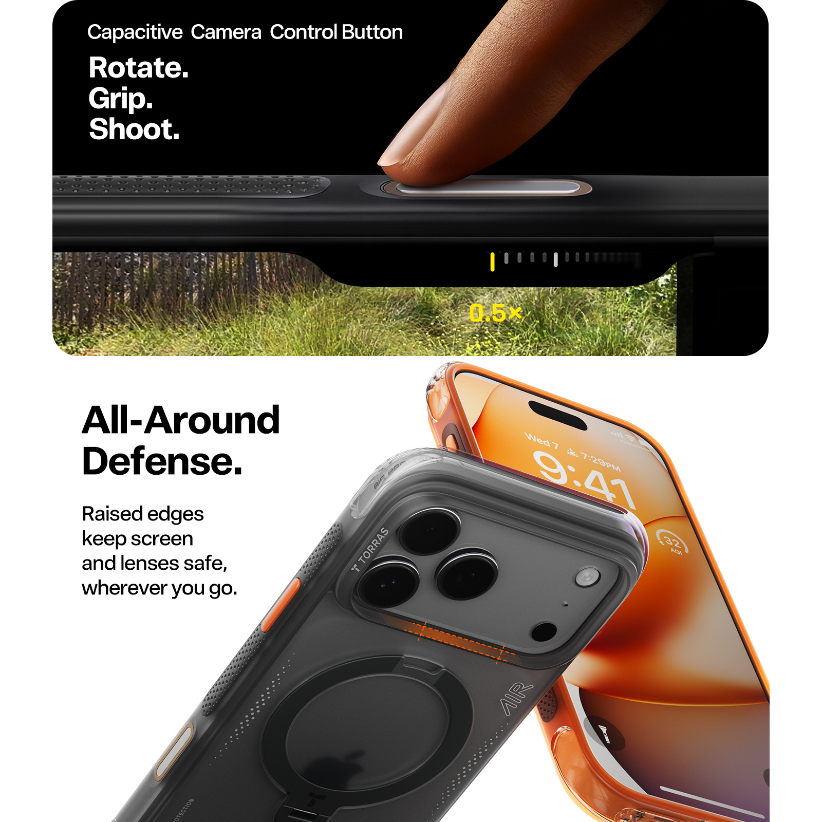 Torras iPhone 17 Pro Max (6.9") 2025 Ostand Spin Air Case - Black Full Camera Control Button Coverage - Upgraded Airbag Technology - Dot-matrix Anti-slip Design - Compatible with MagSafe Charging - 360° Spin Stand