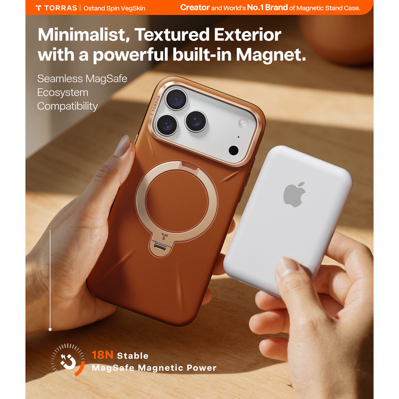 Torras iPhone 17 Pro Max (6.9") 2025 Ostand Spin VegSkin Case - Brown Full Camera Control Button Coverage - Premium Vegan Leather - Fit for MagSafe