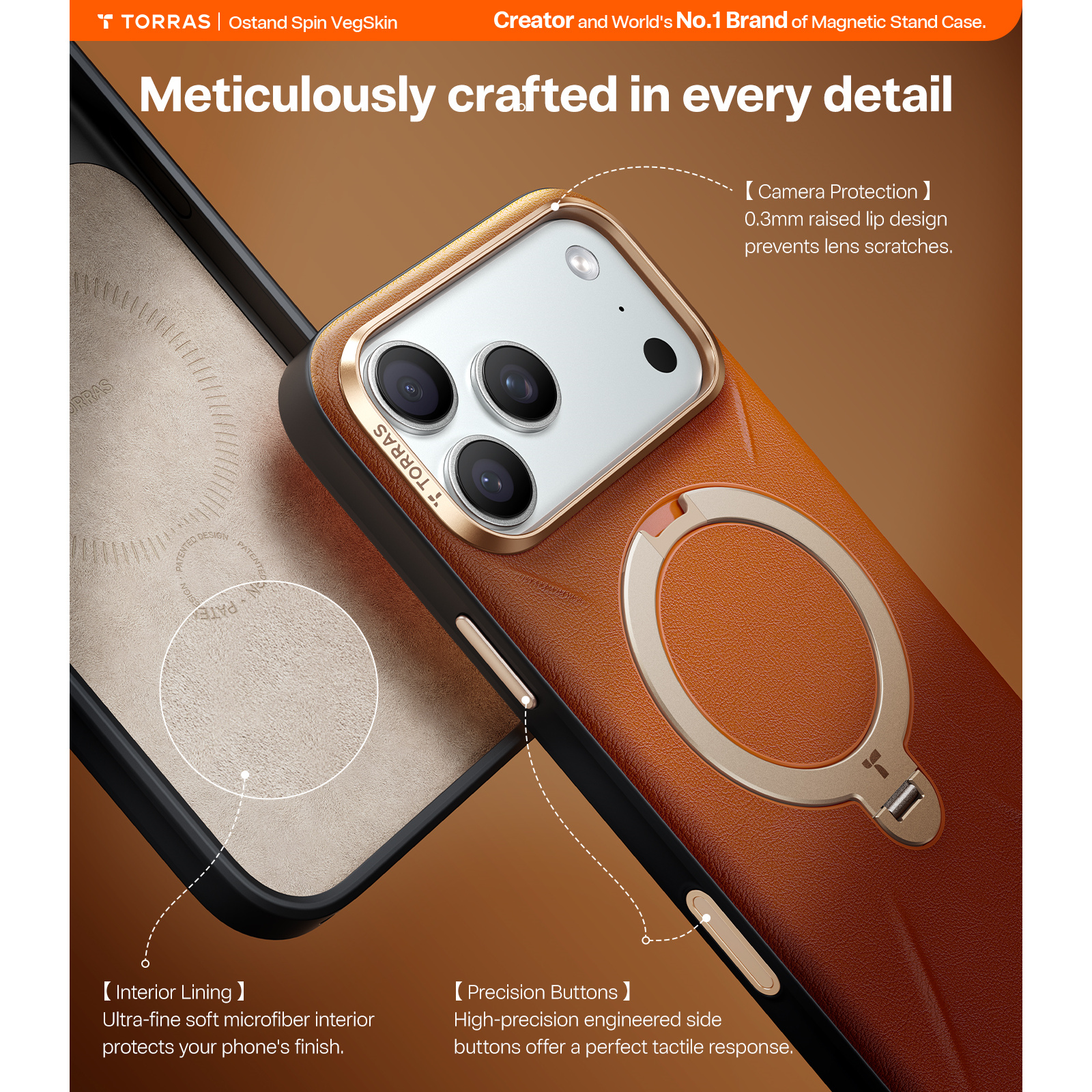 Torras iPhone 17 Pro Max (6.9") 2025 Ostand Spin VegSkin Case - Brown Full Camera Control Button Coverage - Premium Vegan Leather - Fit for MagSafe