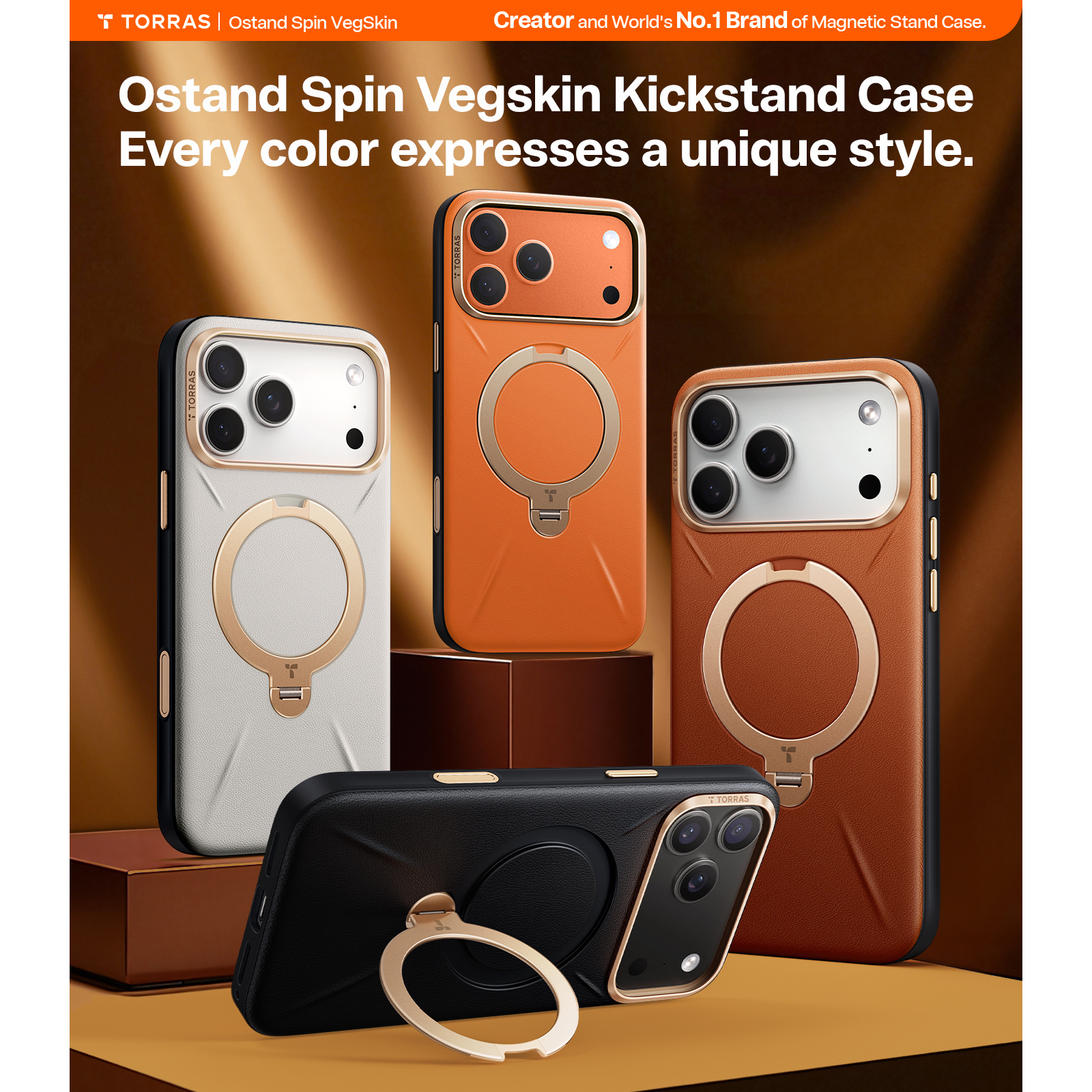 Torras iPhone 17 Pro Max (6.9") 2025 Ostand Spin VegSkin Case - Brown Full Camera Control Button Coverage - Premium Vegan Leather - Fit for MagSafe