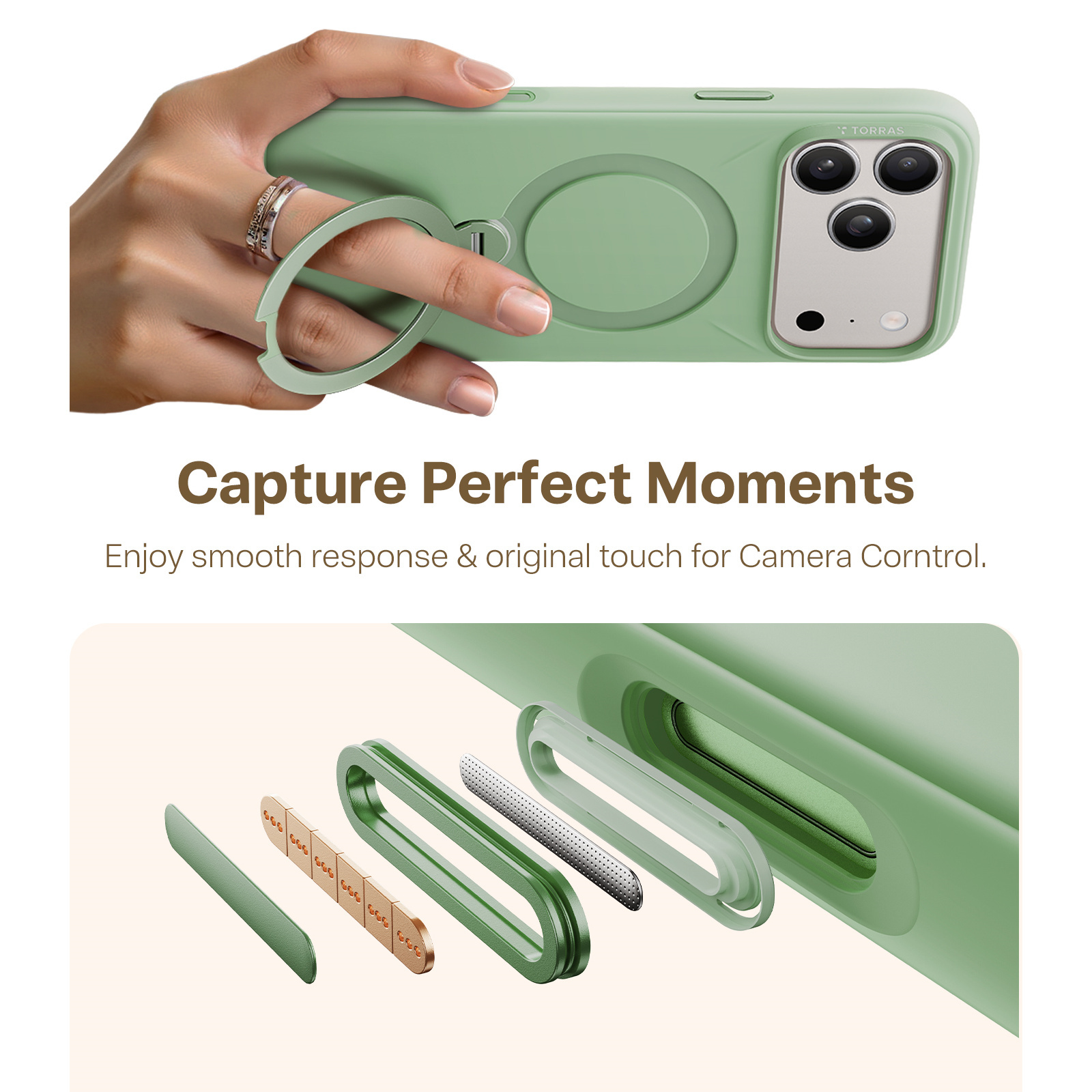 Torras iPhone 17 Pro Max (6.9") 2025 Ostand Spin Softune Case - Green Full Camera Control Button Coverage - Soft Liquid Silicone Cozy Grip - MagSafe Compatible - 360 Spin Kickstand