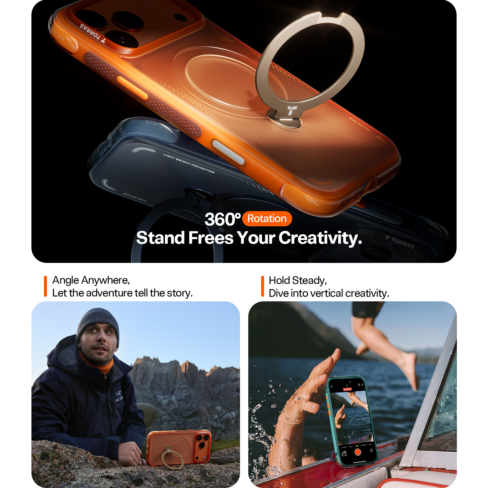 Torras iPhone 17 Pro (6.3") 2025 Ostand Spin Air Case - Navy Blue Full Camera Control Button Coverage - Upgraded Airbag Technology - Dot-matrix Anti-slip Design - Compatible with MagSafe Charging - 360° Spin Stand