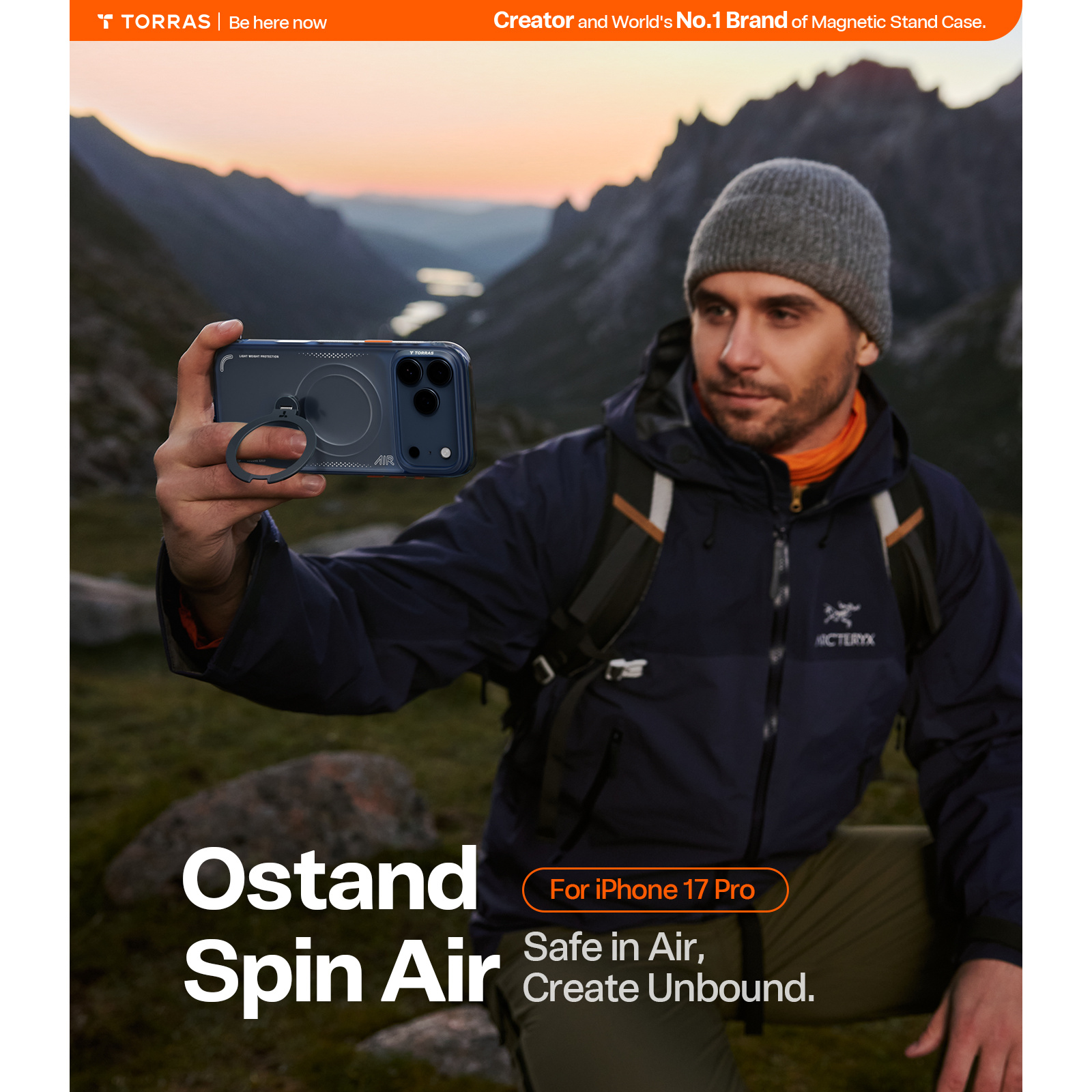 Torras iPhone 17 Pro (6.3") 2025 Ostand Spin Air Case - Navy Blue Full Camera Control Button Coverage - Upgraded Airbag Technology - Dot-matrix Anti-slip Design - Compatible with MagSafe Charging - 360° Spin Stand