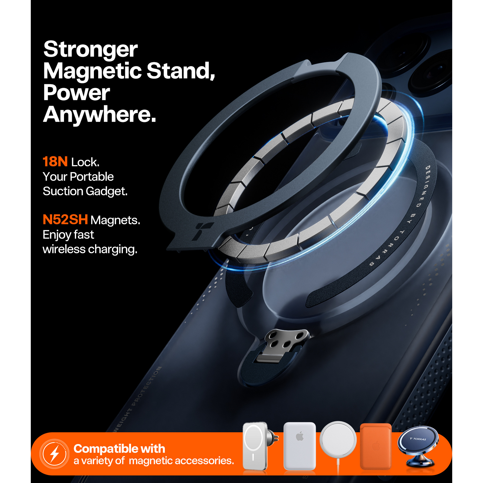 Torras iPhone 17 Pro Max (6.9") 2025 Ostand Spin Air Case - Navy Blue Full Camera Control Button Coverage - Upgraded Airbag Technology - Dot-matrix Anti-slip Design - Compatible with MagSafe Charging - 360° Spin Stand