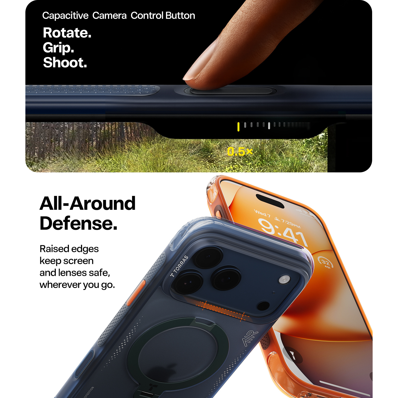 Torras iPhone 17 Pro Max (6.9") 2025 Ostand Spin Air Case - Navy Blue Full Camera Control Button Coverage - Upgraded Airbag Technology - Dot-matrix Anti-slip Design - Compatible with MagSafe Charging - 360° Spin Stand