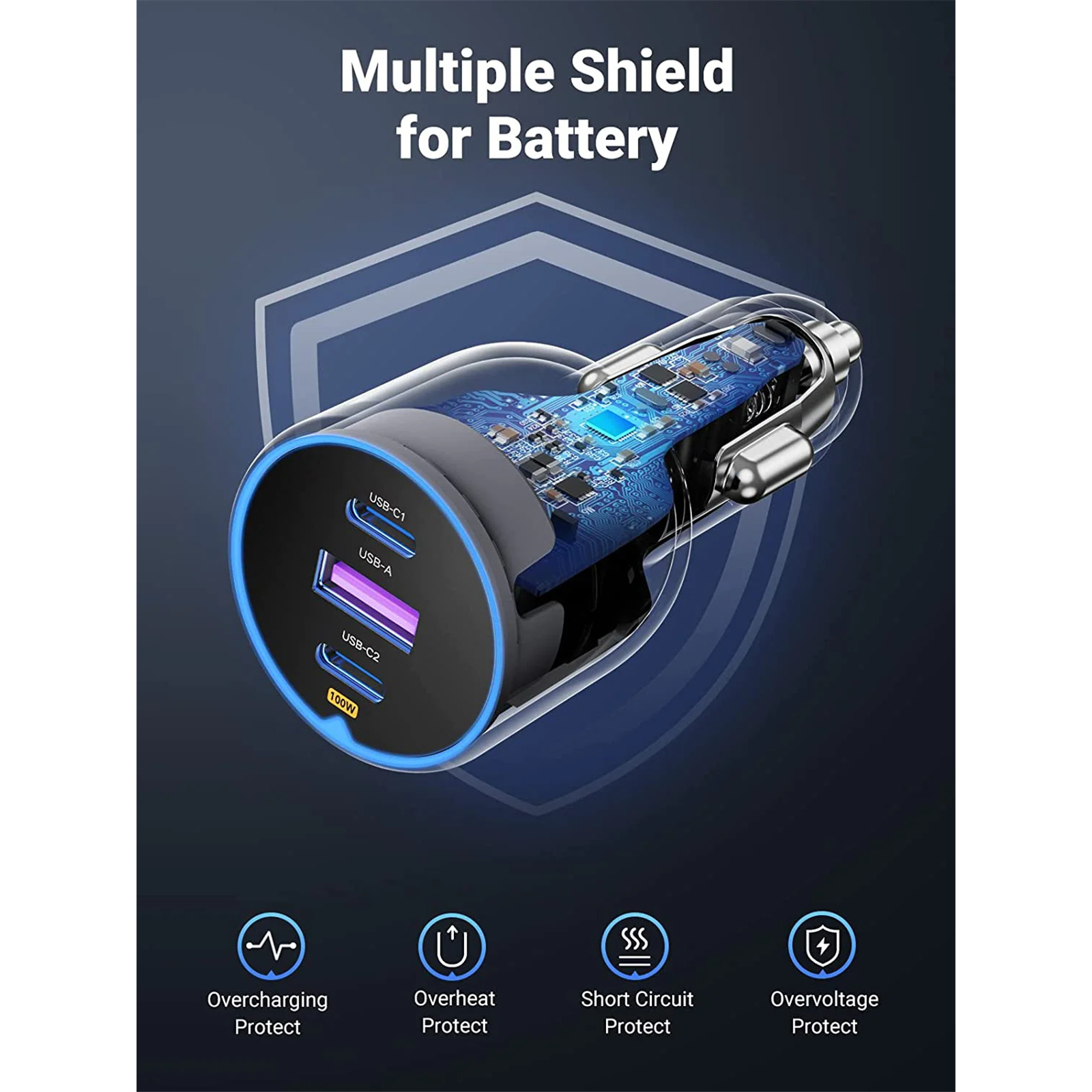 UGREEN 130W 3-Ports Car Charger - With 100W Cable 1m - 2x USB-C & USB-A - USB-C1 30W + USB-C2 100W + USB-A 25W - Triple Port Charger Compatible with iPhone 15/15 Plus/15 Pro/15 Pro Max/ 14/13/12/11/iPad/Mac Book, Galaxy S22/S21/S20/S10/Note